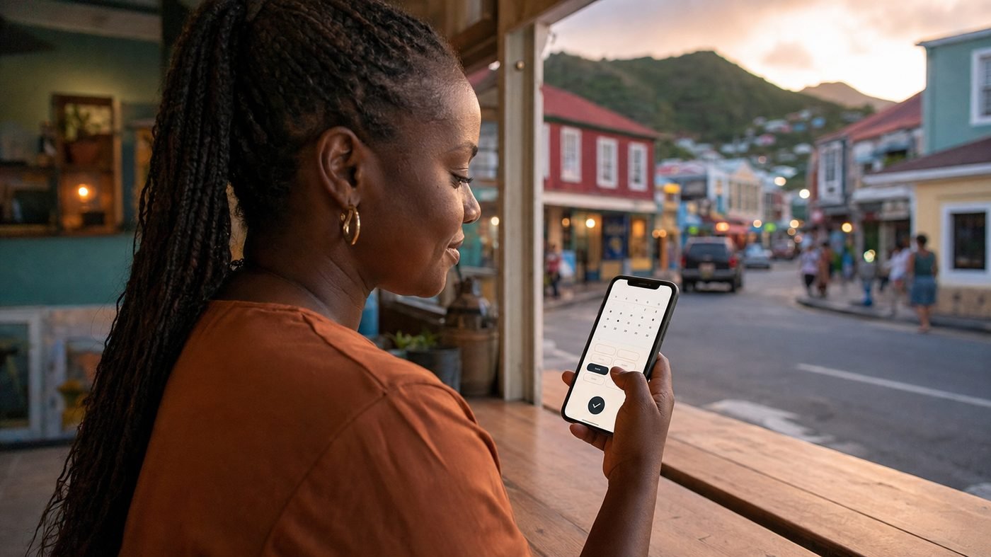 A small business owner in St. Kitts confirming a booking on her phone at the shop counter, with a Basseterre street at sunset outside.