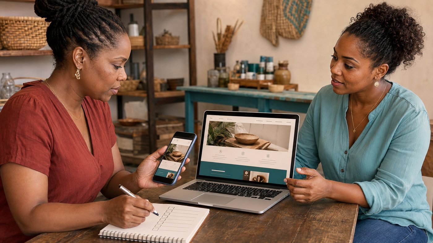 A web designer walking a small business owner through a new website design on laptop and phone, while the owner works through a checklist of questions.