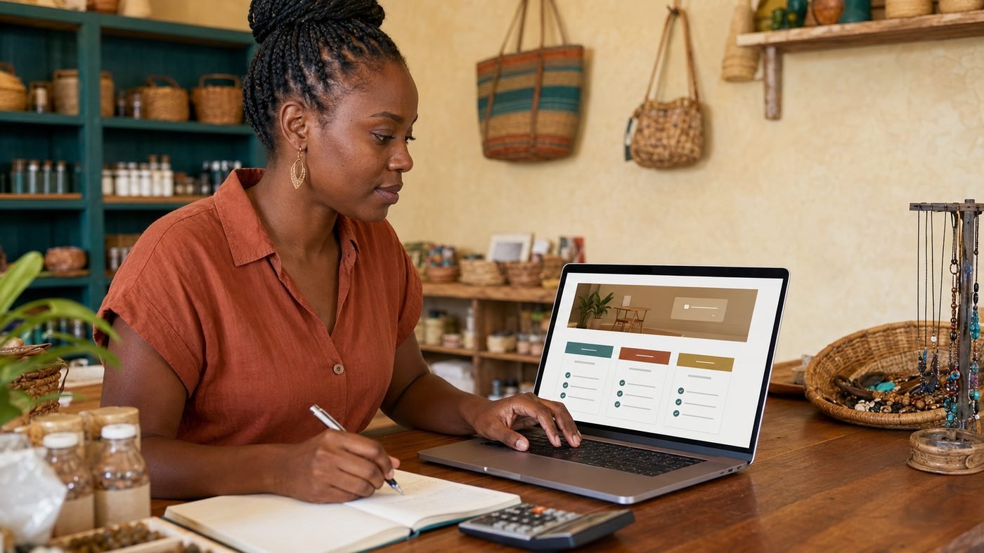 A shop owner in her store reviewing website pricing tiers on a laptop while taking notes and working out the numbers on a calculator.