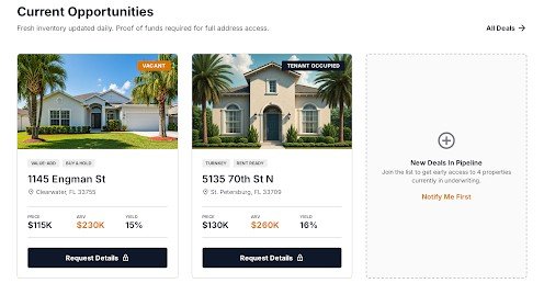 Concept mockup of an off-market property deal marketplace listing interface.