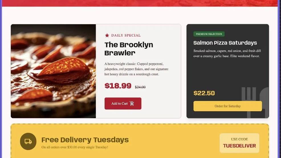 Website concept for a Caribbean restaurant with specials and online ordering